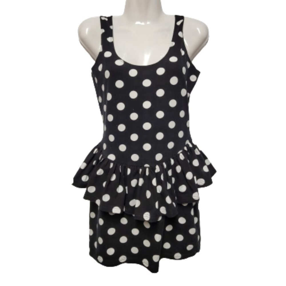 Polka dot Black and White Peplum-Style Mini Dress Size M